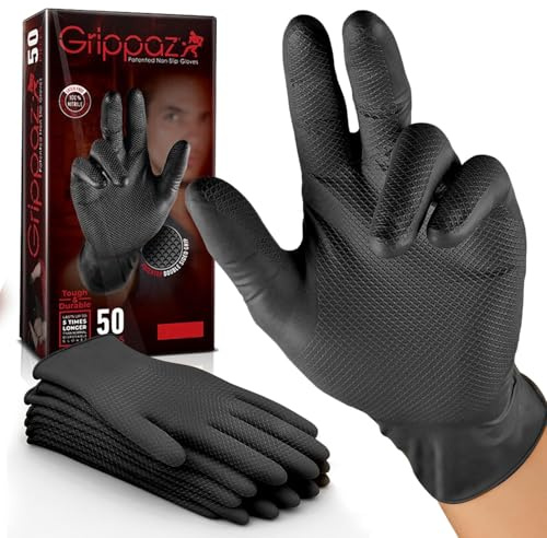 RAP Nitrile Disposable Work Gloves XXL Black Pack of 50 Non Slip | Latex free, raised textured grip surface, thicker gauge for reuse, ideal for workshops, mechanics, industry and DIY
