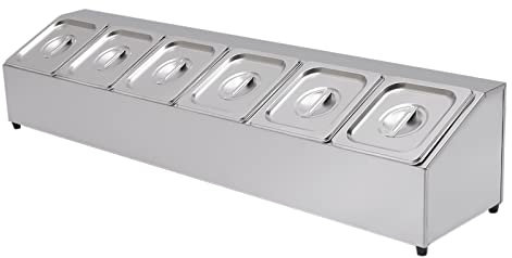 wanwanper 6 Grid Ingredient Containers, Stainless Steel Seasoning Gastronorm Container Compartment Tray, for Restaurants Hot Pot Shops Fruit Shops, 2L x 6, 104 x 22.5 x 22cm