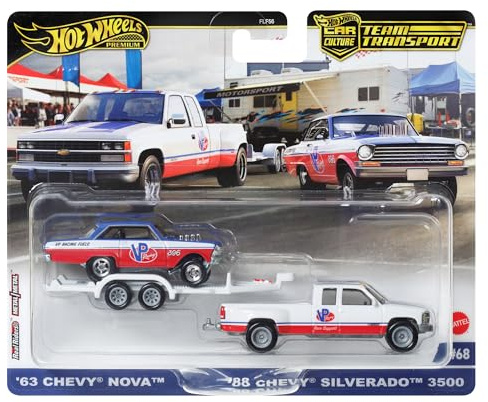 Hot Wheels Team Transport '63 Chevy Nova & '88 Chevy Silverado Die-Cast Vehicle Set, Race Car with Trailer, VP Racing, 1:64 Scale Model