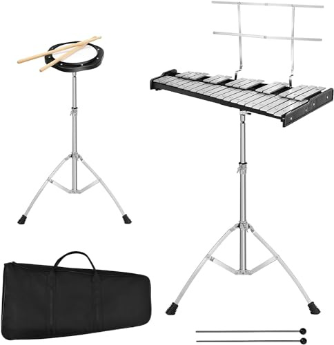 DREAMADE 32 Noten Glockenspiel Xylophon, Holzrahmen & Aluminium Klangplatten, Glockenspiel Set mit höhenverstellbarem Ständer, Schlägel & Tragetasche, Musikspiel für Kinder & Erwachsene