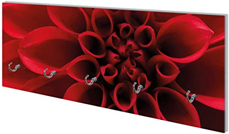 Wallario Wandgarderobe aus Glas in Größe 80 x 30 cm mit Memoboard-Funktion, Motiv: Rote Dahlienblüte in Nahaufnahme | 5 Kleiderhaken zum Aufhängen von Jacken