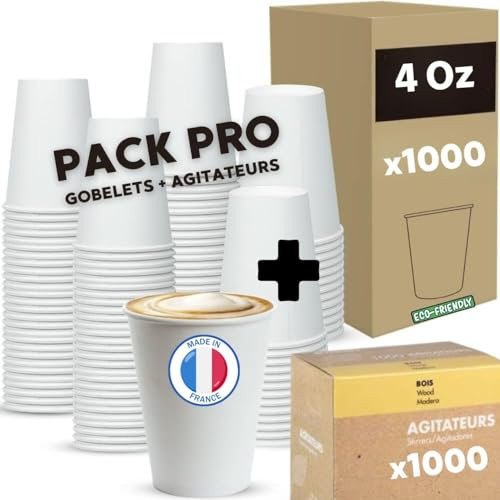 Kit Pro 1000 Gobelets 10 cl Carton Blanc Jetable + 1000 Agitateurs Bois | Rigide, Lisse, Boissons Chaudes (Café - Thé - Potages) | Bord Roulé | Sachets De 50 Unités | Gobelet Recyclable (4 Oz (10cl))