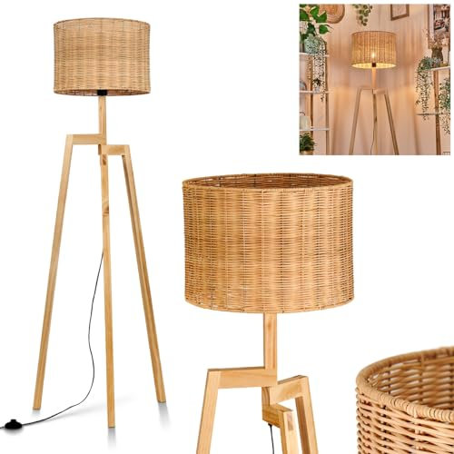 Stehleuchte Cavaca, Stehlampe aus Holz/Korbgeflecht/Rattan in Naturfarben, Leuchte im skandinavischen Design mit rundem Schirm (Ø 40 cm) u. Fußschalter, Höhe 160 cm, 1 x E27, ohne Leuchtmittel