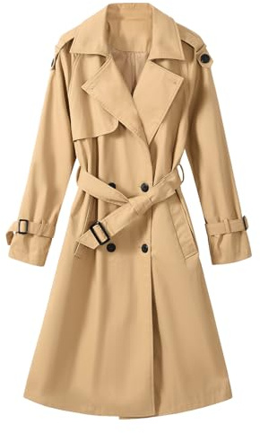 Tuopuda Höst Vår Dam Trenchcoat Klassisk Vindtät Lång Breasted Coat, Långärmad Jacka Trenchcoat Kappor Windbreaker Jackor med Fickor, Khaki, XL
