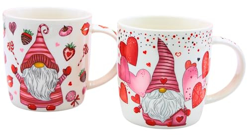 Becherset, Kaffeebecher, Glühweinbecher, Trinkbecher als Wichtel aus Porzellan in rosa mit Herzen und Süssigkeiten im 2er Set, Größe: L/B/H ca. 13 x 8 x 10 cm, Fassungsvermögen 360ml pro Tasse.