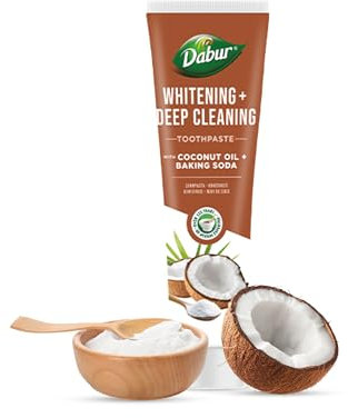 Dabur Organic Coconut Oil - Baking Soda Toothpaste | 100 ml | Teeth Whitening Toothpaste | Fights Plaque, Stains, Bad Breath & Bacteria | Deep Cleanse, Paraben Free, SLS Free, No Alcohol | Pack of 1