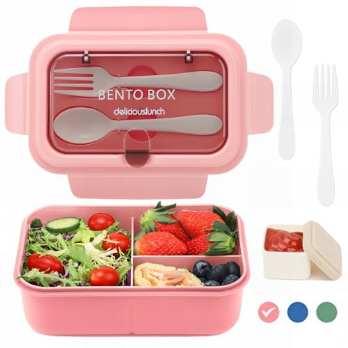 Bugucat Bento Lunch Box 1200ML, Kids Lunchbox with 3 Compartments and Cutlery,Leak-Proof Snack Boxes for Adult, Bento Boxes for School Kindergarten Office, Microwave Dishwasher Safe, Pink