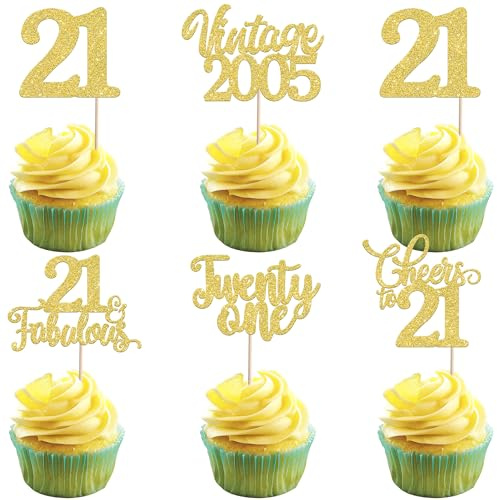 30 Pack Happy 21st Birthday Cupcake Toppers Glitter Hello 21 Twenty One Vintage 2005 Cupcake Picks Cheers to 21 Party Decorations for 21st Birthday Anniversary Party Cake Decorations Gold