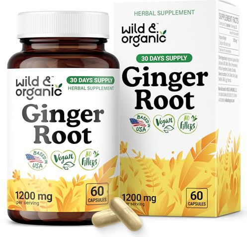 Wild & Organic Ginger Root Capsules 1200 mg - Immune & Digestive Support - Natural Ginger Supplements - Zingiber Officinale Powder - 30 Days of Supply - Vegan, No Fillers, Non-GMO - 60 Count