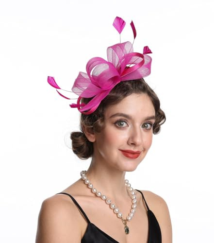 Sinamay Flower Feather Headband Fascinator Wedding Headwear Ladies Race Royal Ascot Pillbox Wedding Cocktail Tea Party Derby Hat for Women(B4-Rose Pink)