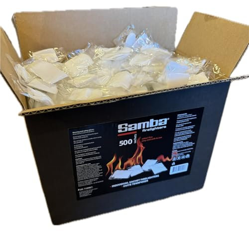 500 Samba Firestarters Firelighters Sachets - Odourless Burning & Easy to Light Instant Fire Starter Lighters - BBQs Barbecues Wood Burner Open Fire Wood-Fired Ovens Stoves Fireplaces - 1 x Box of 500