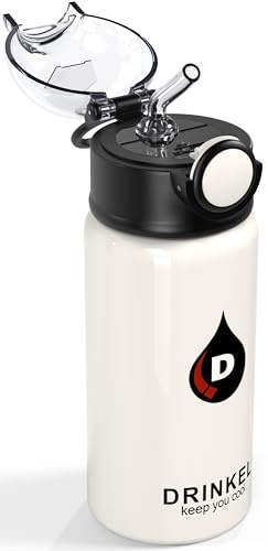D.Drinkel - Borraccia termica per bambini in acciaio inox, con cannuccia, a doppia parete, sottovuoto, a prova di porri, senza BPA, per ragazzi, ragazze e bambini, apertura con un clic (bianco e nero)