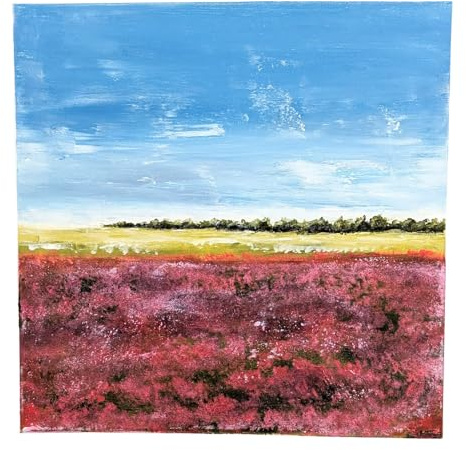 Handgemaltes Acrylbild auf Leinwand 40x40 cm, Landschaft, Leinwandbild, Wandkunst Unikat, Naturmotiv aus Künstlerhand in Blau, Grün, Violett, Wanddekoration für Wohnzimmer, Schlafzimmer oder Büro