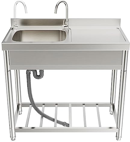Lavello da Esterno, lavabo, lavello da Cucina Commerciale Indipendente, Vasca Singola con scolapiatti, Ripiani portaoggetti per Interni ed Esterni