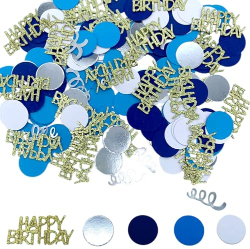 CUVZORA 200 Confettis Anniversaire Bleu Doré - Décoration de Table pour Fête - Confettis Brillants Happy Birthday - Décoration Party Femme Homme