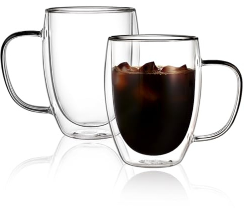 CNGLASS 350ml Double Walled Glass Coffee Mugs,Insulated Glass Mugs with Handle,Clear Espresso Cups for Latte,Cappuccino,Tea Bag,Set of 2