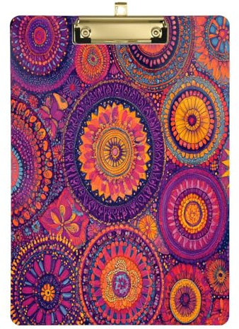 Quteprint Planchette à pince en acrylique transparent à motif mandala indien, 22,9 x 31,8 cm, résistante aux rayures, avec clip en métal (doré) et crochet mural, 0,6 cm d'épaisseur pour bureau, salle