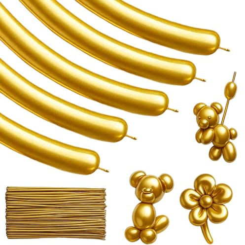 100 PCS Gold Balloons, Gold Long Balloon for Modelling and Tying, 260q Golds Long Balloons for Party Decorations, Wedding, Birthday, and Christmas Celebrations