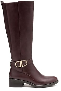 Bottes Hautes Femme Style Cavalière en Similicuir à Talon Bas. Botte Confortable avec Boucle et Panneau Extensible (68321 Bordeaux, Système Taille Chaussures EU, Adulte, Numérique, Moyen, 37)