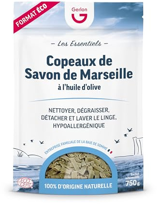 Gerlon Les Essentiels – Savon de Marseille en Copeaux à l’Huile d’Olive pour Lessive – 750 Grammes – Sans Glycérine Ajoutée -