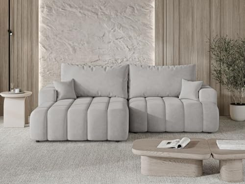 GRAINGOLD Caleo Ecksofa modern mit Bettfunktion, 270x170 cm, L-Form Sofa, Schlafcouch für Wohnzimmer, Velour-Stoff, 3-Sitzer Eckcouch, Ecksofa mit Bettkasten (Hellgrau, Links)