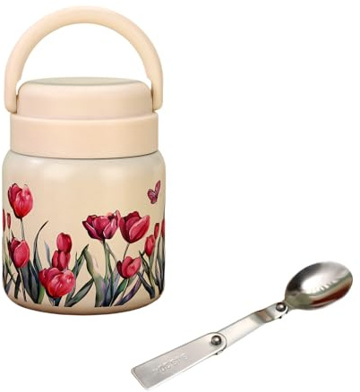 Bouteille Isotherme de 500ml, Bouteille Réutilisable Alimentaire sous Vide Étanche en Acier Inoxydable 316, Récipient avec Cuillère Pliable pour Soupe, Idéal au Bureau, en Excursion ou Pique-nique