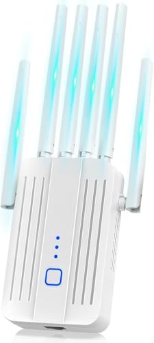 Repeteur WiFi Puissant avec 6 Antennes, Amplificateur WiFi, Répéteur WiFi Compatible avec 64 Appareils, Modes (Répéteur, AP), Couverture jusqu'à 300 m², pour la Maison et Le Bureau