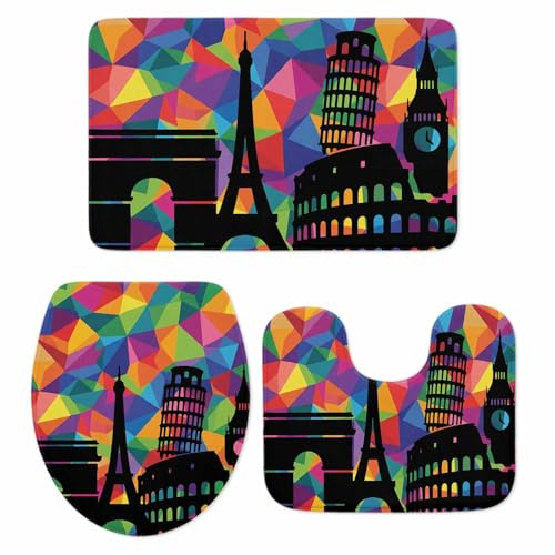 Bathroom Rugs and Mats Sets 3 Piece City Scissors Bathroom Rugs Set Non Slip Absorbent Color Block Stereotype Shower Bath Mats U-Shape Contoured Toilet Mat Lid Cover 18''x30''+14''x18''+15''x18''