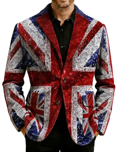 Munweiyu Cord Union Jack Jacket Men's Regular Fit Corduroy Jacket British Flag Blazer Uk Flag Print Blazer Jacket England Suit Jacket United Kingdom Uk Suit Jacket Uk Flag Jackets Vintage Suit Jackets