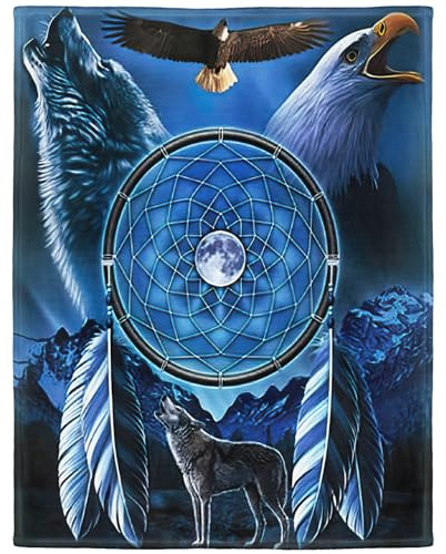 YISUMEI Decke 150x200 cm Kuscheldecken Sanft Flanell Weich Fleecedecke Traumfänger mit Wolf und Weißkopfseeadler