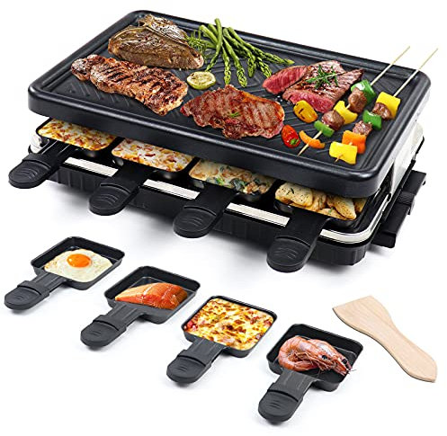 Raclette Electrico para 8 Personas, Grill Plancha Cocina Portatil, Parrilla Asar Barbacoa Pascua de Mesa, con 8 Mini Sartenes y 4 Espátulas de Madera 1300W