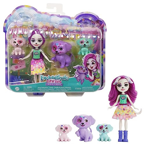 Enchantimals Amiche in Città - Famiglia di Dessa, set include una bambola con gonna rimovibile e accessori e 3 personaggi animali, giocattolo per bambini, 4+ anni, HKN14
