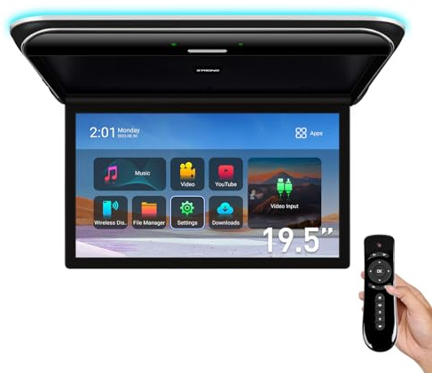 XTRONS Android Car Overhead Player 19.5 Inch Wide IPS Screen 8K Video Car Roof Mount Monitor with Built-in Stereo Speakers Flip Down Overhead Car Monitor Support WiFi, HDMI Input, USB, RCA Input