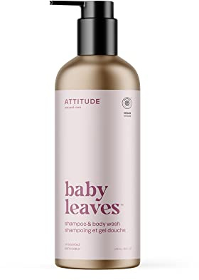 ATTITUDE Baby 2-in-1 Shampoo and Body Wash, EWG Verified, Dermatologically Tested, Made with Naturally Derived Ingredients, Vegan, Unscented, Reusable Aluminum Bottle, 16 Fl Oz