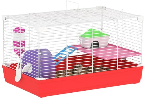 PawHut Gabbia per Criceti a 2 Livelli in Metallo e PP con Casetta, Serbatoio dell'acqua, Ruota e Piattini, 47x30x27 cm, Rosso e Bianco