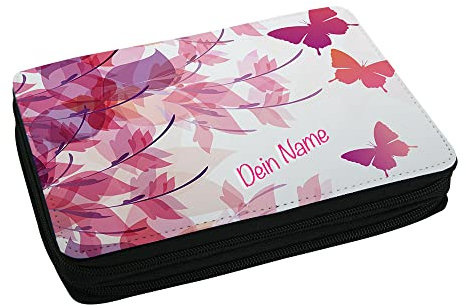 Eurofoto Schulmäppchen mit Namen und Motiv mit rosa Schmetterling | Federmappe personalisiert inkl. Stifte, Lineal, Radierer, Spitzer