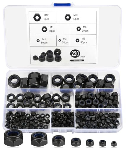 Nylon Insert Lock Nuts, 220pcs Hex Self-Locking Nuts, Carbon Steel Black Locknuts, Hex Drive, M3 M4 M5 M6 M8 M10 M12