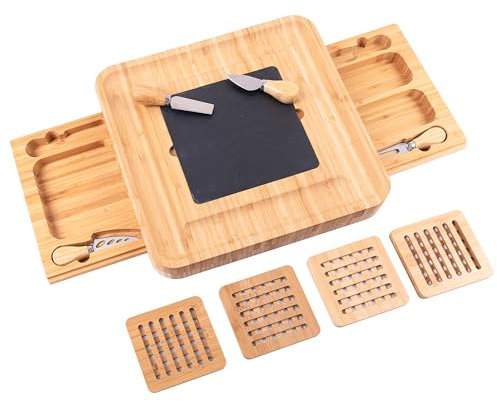 Vencier Bamboo Cheese Board Set with 4 Cheese Knives - Perfect for Gifts, Picnics, and Parties! (Square)