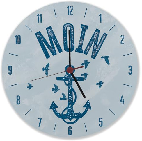 speecheese Moin Anker Wanduhr Uhr mit norddeutschem Gruß und Ankermotiv in Blau plattdeutsch als lustige Deko für Hamburger oder norddeutsche