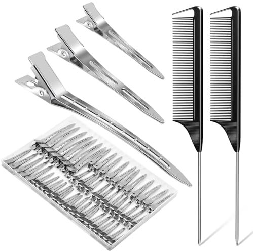Hair Clips, MORGLES 70pcs/3 Different Sizes Pin Curl Clips, Hair Pins for Curls with 2 Pcs Rat Tail Combs for Styling, Coloring, Salon, Silver