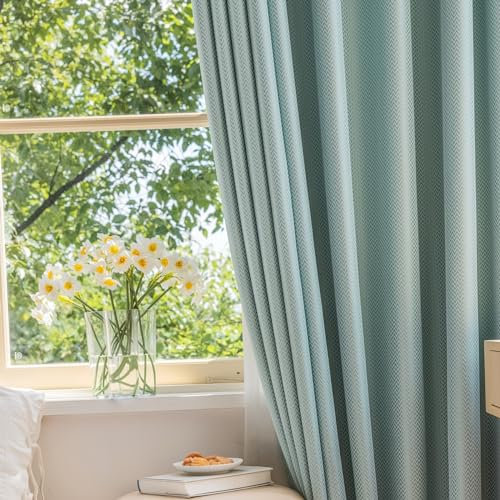Whoiy Schlafzimmer Vorhänge Blau Jacquard mit Ösen 138 cm Höhe, Einfarbig Verdunkelung Gardienen Curtains Polyester Fenstervorhang für Wohnzimmer, H 138 x B 132 cm(Höhe x Breite)
