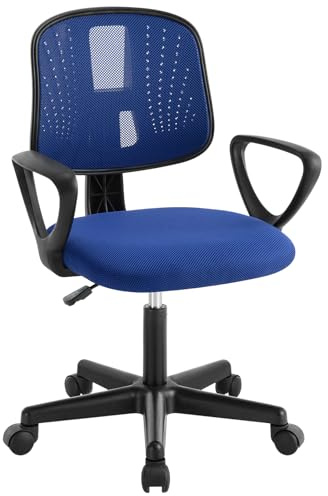 Klihome Silla Escritorio Infantil, Silla Estudio Giratoria, Sillas Juvenil con Ruedas, Sillas Ergonómica de Malla Transpirable, Taburete Giratorio con Respaldo Ajustable Automático, Azul, K0005BS