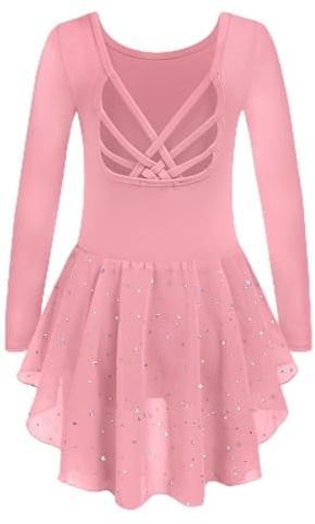 Arshiner Vêtements de Ballet Fille Coton Manches Longues Costume de Ballet Rose Robe de Danse pour Enfants Tenue de Ballet Robe de Ballet Paillettes Tutu 9-10 Ans