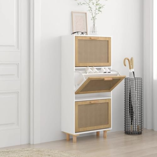 Iiaky Schuhschrank Weiß 52x25x115 cm Holzwerkstoff & Rattan Natur Schuhregal Vintage Schuhschrank Doppeltes Regal