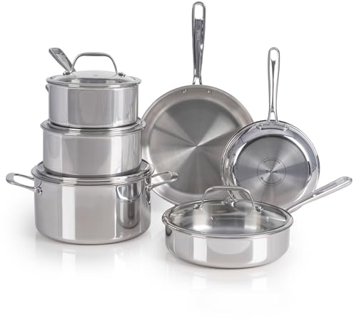 T-fal Pro dreilagiges Edelstahl-Kochgeschirr-Set, 10-teilig, induktionsgeeignet, ofenfest, Deckel 100 °C, schnelle und gleichmäßige Hitze, professionelle Qualität und Haltbarkeit, Töpfe und Pfannen