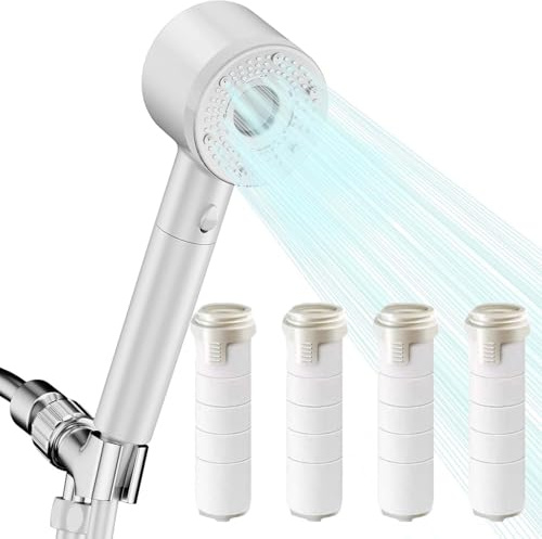 JRYGAC Chrome Pommeau de Douche Economie Deau, Filtre Coton PP Remplaçable Pommeau Douche Anti Calcaire, 5 Modes de Jet Pommes de Douche et Douches à Main, Filtre, Shower Head (Blanc)