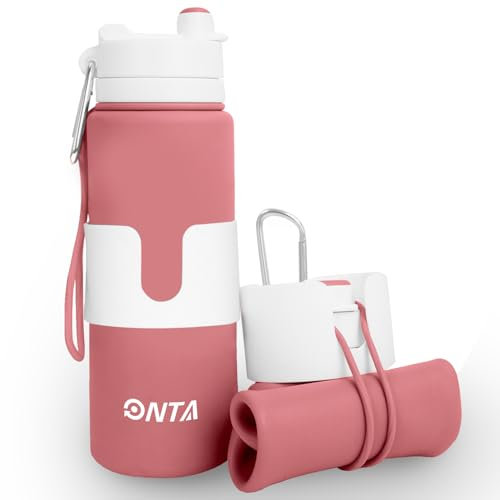 ONTA Borraccia pieghevole - Borraccia 750ml silicone portatile e a prova di perdite BPA-Free - Bottiglia sportiva pieghevole per viaggi e palestra - Manicotto per tazza rimovibile(Rosa)