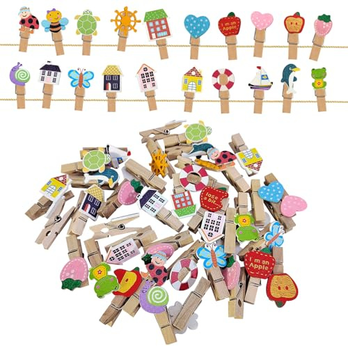 Deko wäscheklammern Holz, niedliche Cartoon-Muster-Bild-Halter Small Peg mit Jute-Schnur für DIY Foto Display (40 Stück)