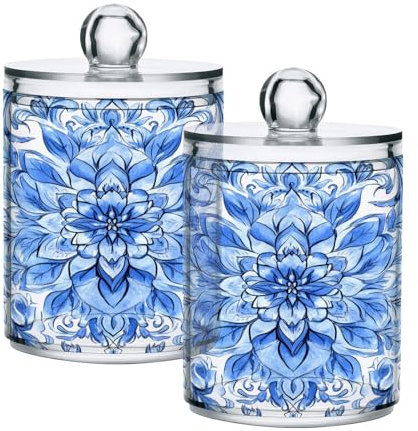 Ewusp White Blue Pattern Qtip Holder 2 PCS Clear Plastic Apothecary Jars with Lid Cotton Pad Holder Dispenser Cotton Bud Holder Bathroom Storage Container Makeup Organizer