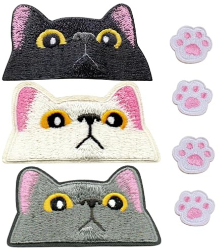 3 toppe da ricamo per gatti con 4 zampe di gatto, piccole toppe per gatti, toppe per gatti, toppe in jeans; colori: nero, bianco e grigio